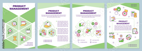 Product management green brochure template. Lifecycle control. Leaflet design with linear icons. Editable 4 vector layouts for presentation, annual reports. Arial-Black, Myriad Pro-Regular fonts used