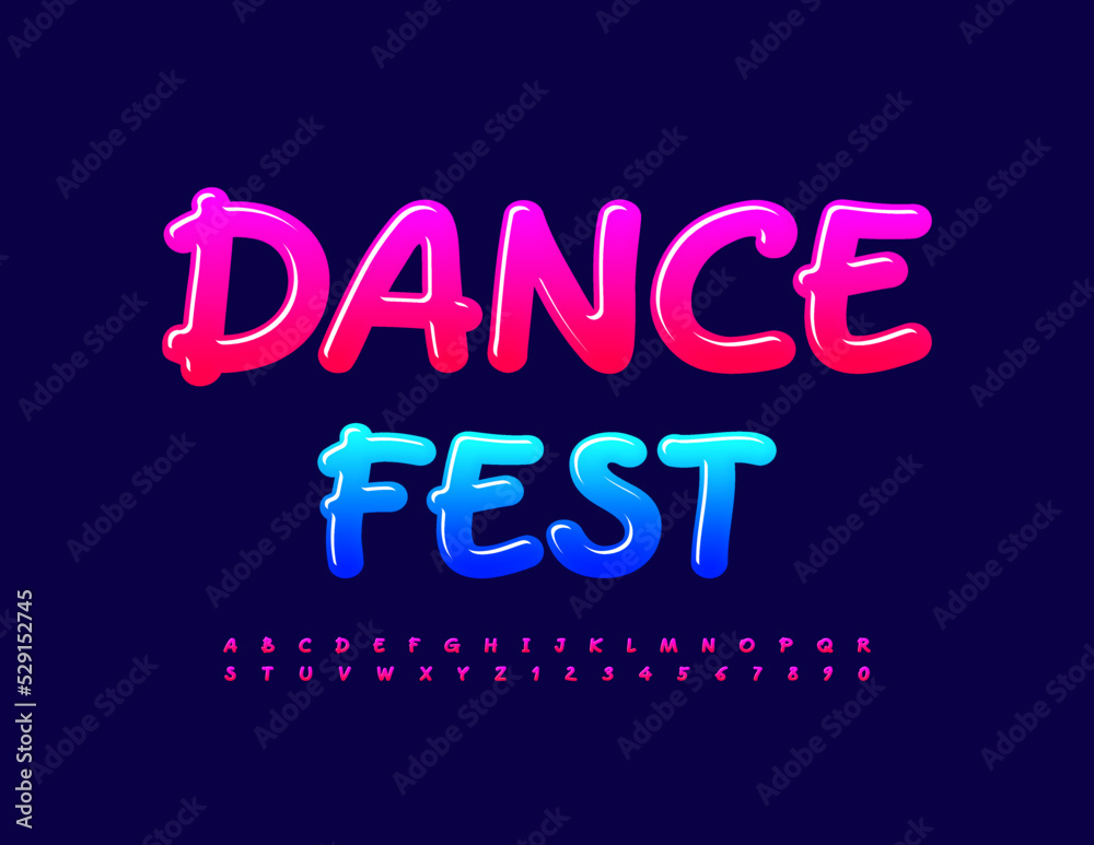 Vector colorful Poster Dance Fest. Bright playful Font. Creative set of Alphabet Letters and Numbers