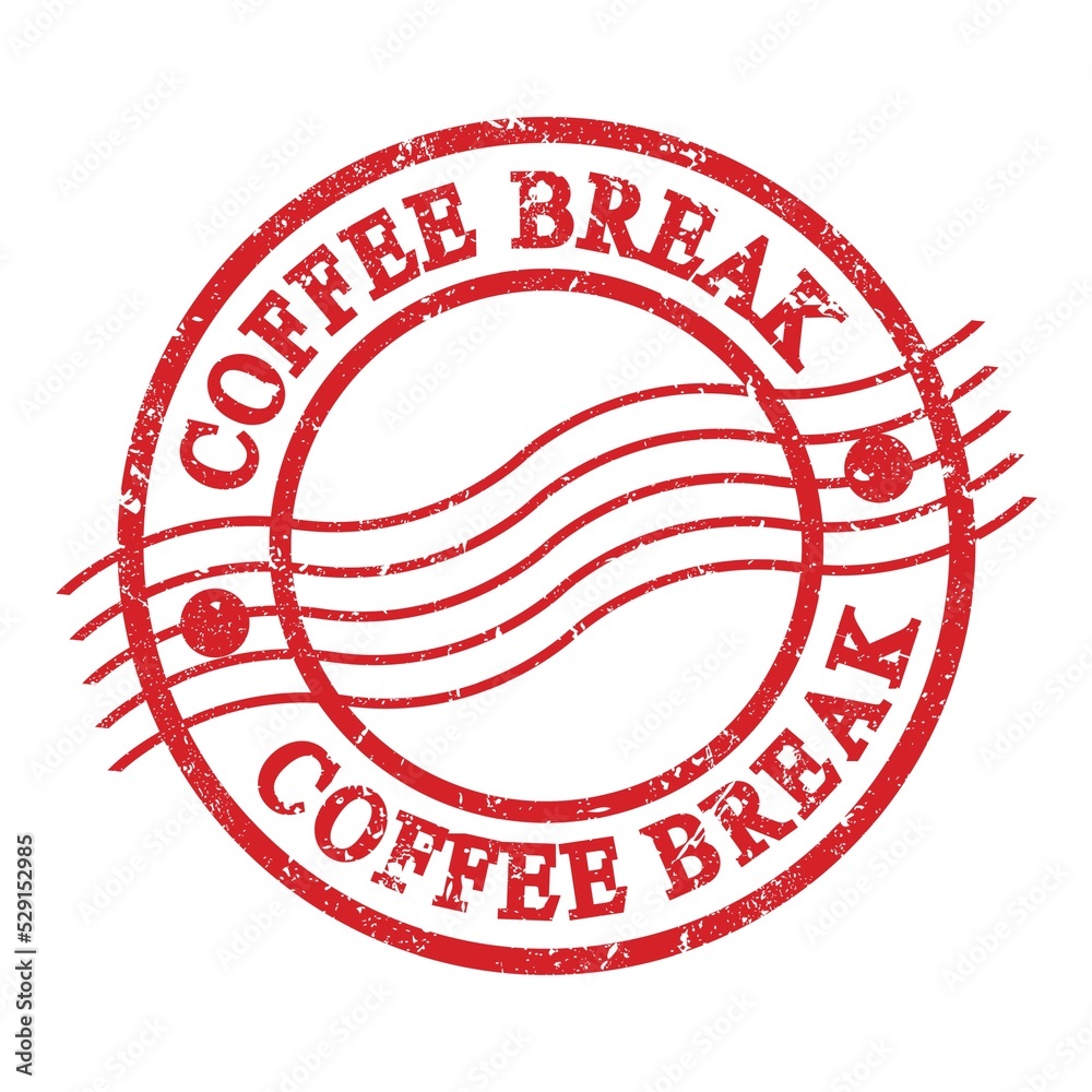 COFFEE BREAK, text written on red postal stamp. COFFEE BREAK, text written on red postal stamp.