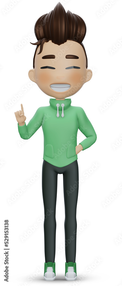 3d render , Confident boy pointing finger up , Tall cute brunette boy in casual fashion clothes green hoodie and black pants	