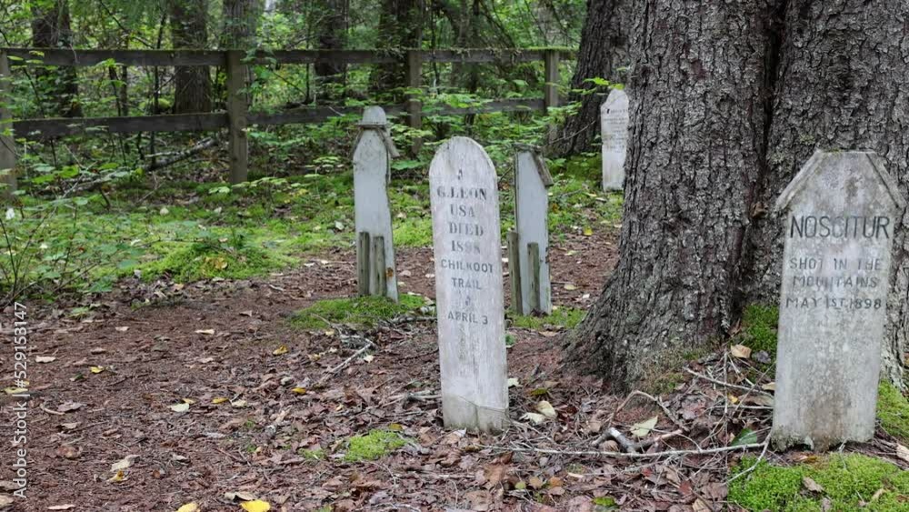 Skagway Alaska forest gold miner cemetery pan. Stop for cruise ships, fishing boats, ferry and tourist trade is a big part of the business economy. Historical Klondike Gold Rush and cemetery. Skagway Alaska forest gold miner cemetery pan. Stop for cruise ships, fishing boats, ferry and tourist trade is a big part of the business economy. Historical Klondike Gold Rush and cemetery.