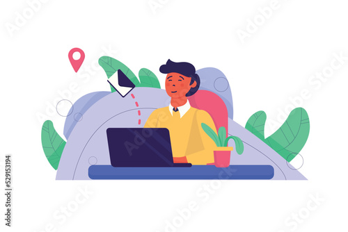 Message concept with people scene in the flat cartoon design. Employee sends important messages to e-mail to colleagues regarding the development of the company. Vector illustration.