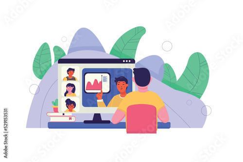 Concept online education with people scene in the flat cartoon design. Student acquires knowledge and develops in the online lesson. Vector illustration.