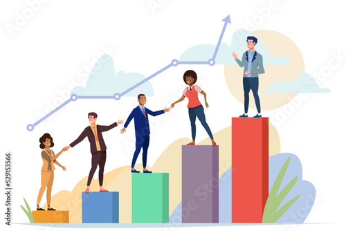 Teamwork concept. Group of people climbing graph. Company employees working together. Team building. People helping and supporting each other at work.