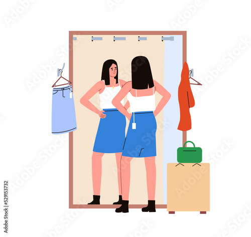 Woman trying on a skirt in the fitting room. Shopping in the boutique. Sale. Girl looking in the mirror. Flat vector illustration. 