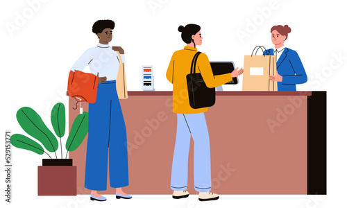 Woman paying for clothes at the cash desk in the boutique. Queue in the store. Shopping bag. Shoppers flat vector illustration