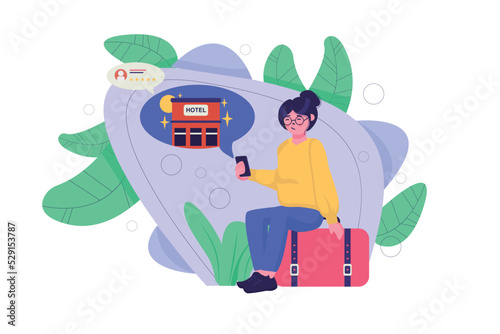 Hotel booking concept with people scene in the flat cartoon style. Girl is booking a hotel room with help of internet reservation for good rest. Vector illustration.