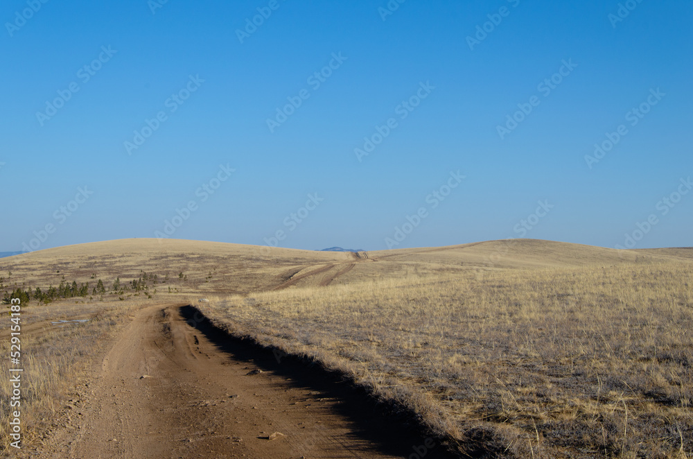 A bend in the dirt road goes into the distance through the field.