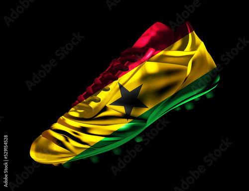 Soccer football boot with the flag of Ghana printed on it, isolated on dark background, vector illustration 3d, 3 dimension, print, design