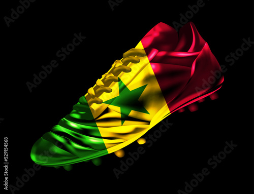 Soccer football boot with the flag of Senegal printed on it, isolated on dark background, vector illustration 3d, 3 dimension, print, design