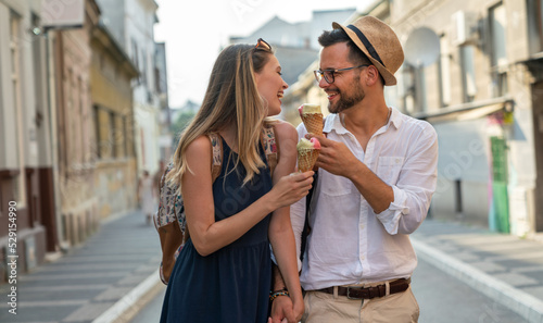 Portrait of happy couple having fun on vacation. People travel happiness concept.