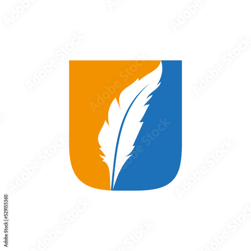 Feather Logo On Letter U Vector Template. Law Logo Bird Feather Symbol