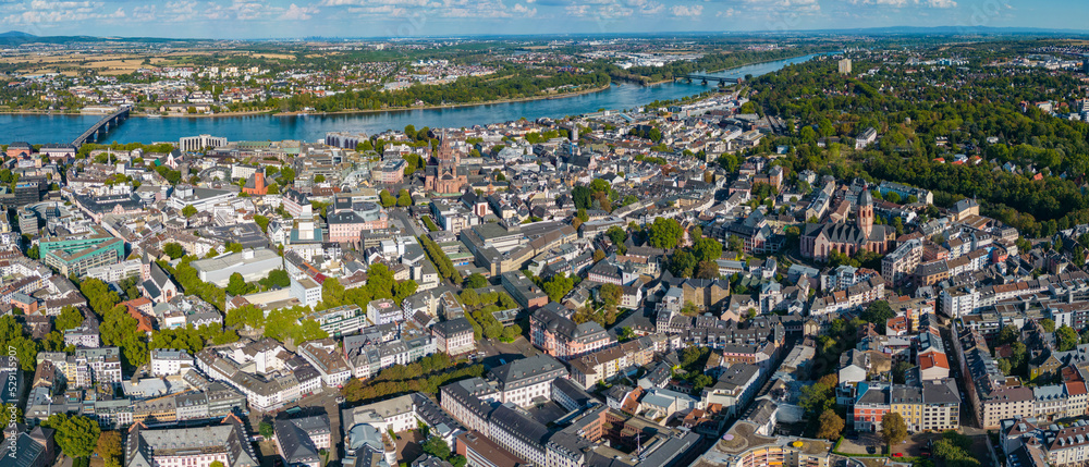 Aerial Panorama view around the old town of the City Mainz in Germany on a sunny day in summer