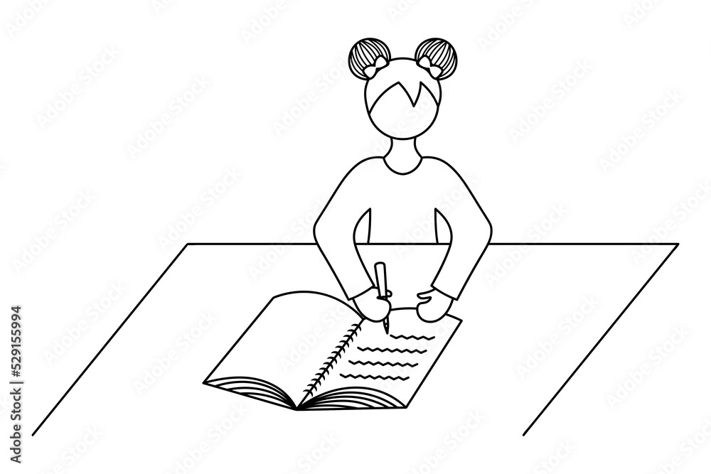 The schoolgirl does her homework. Sketch. Vector illustration. The girl sits at the table and writes in a notebook with a pen. Hairstyle two bunches. Coloring book for children. Doodle style. 
