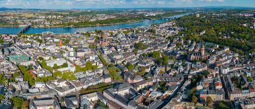 Aerial Panorama view around the old town of the City Mainz in Germany on a sunny day in summer