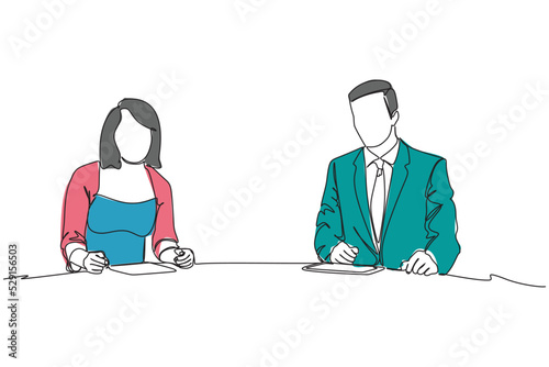 Two news anchors presenting the news. Simple Flat Colored Continuous single line drawing for News and Business Concept.