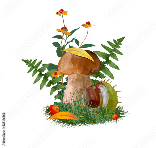 Autumn composition mushroom and chestnut in the grass