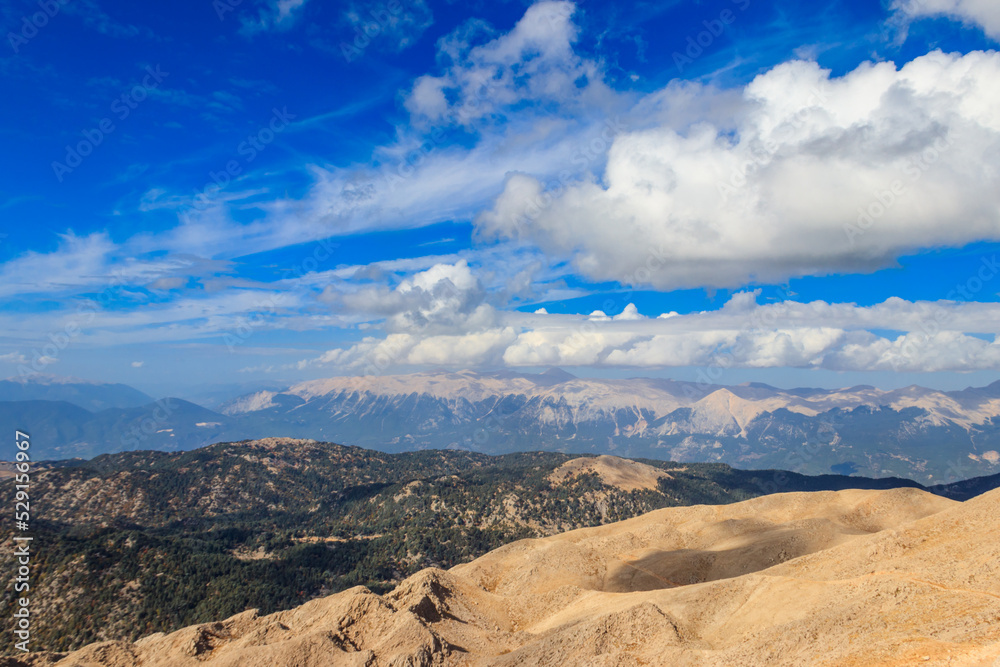 View of the Taurus mountains from a top of Tahtali mountain near Kemer, Antalya Province in Turkey