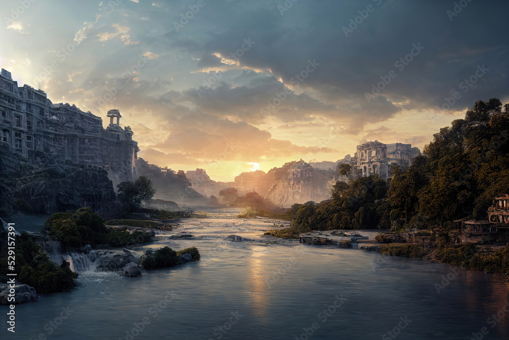 Sunrise over the river valley. Fantasy Backdrop. Concept Art. Realistic Illustration.Serious Painting. Video Game Background. Digital Painting. Book Illustration