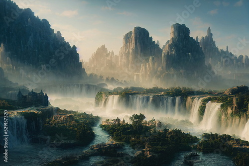 Sunrise over the waterfall. Fantasy Backdrop. Concept Art. Realistic Illustration.Serious Painting. Video Game Background. Digital Painting. Book Illustration