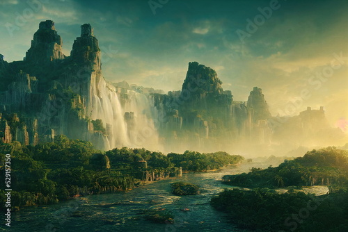 Sunrise over the waterfall. Fantasy Backdrop. Concept Art. Realistic Illustration.Serious Painting. Video Game Background. Digital Painting. Book Illustration