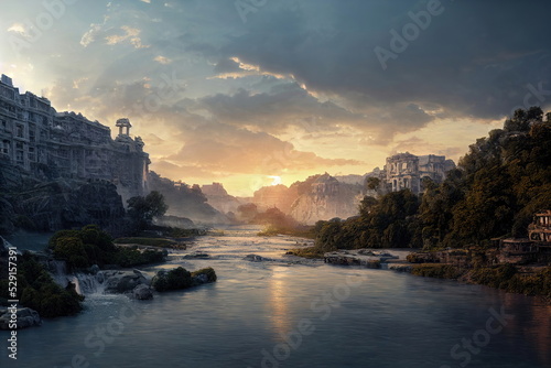 Sunrise over the river valley. Fantasy Backdrop. Concept Art. Realistic Illustration.Serious Painting. Video Game Background. Digital Painting. Book Illustration © Gbor