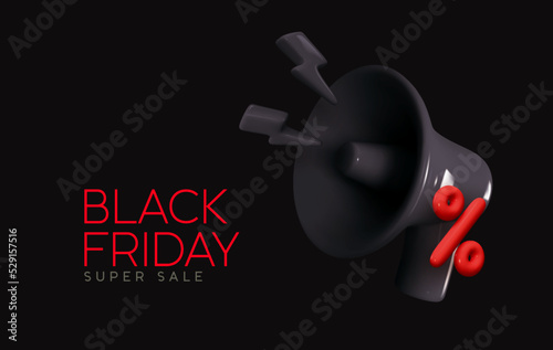 Black Friday super sale. Promo background with realistic 3d cartoon style elements, black megaphone, loudspeaker with lightning, percent symbols. Promotion banner, web poster. vector illustratio