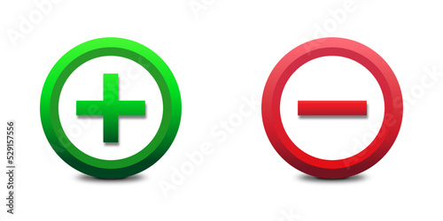 Plus and minus sign icons. Green plus and red minus symbol. Flat vector illustration.