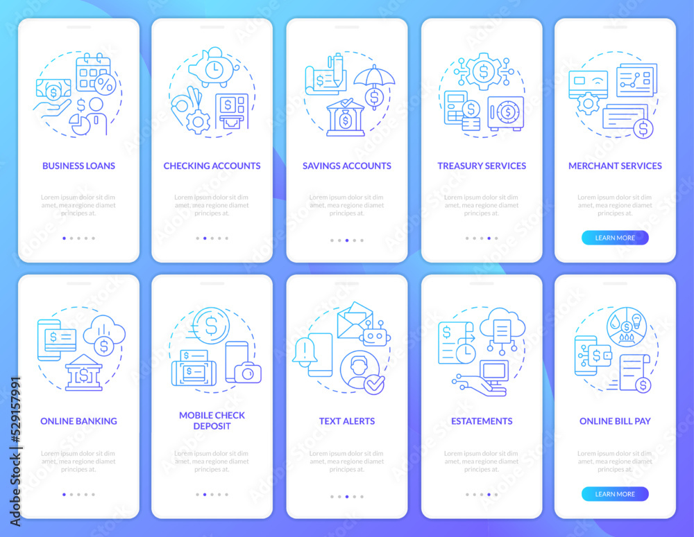 Business bank and digitization blue gradient onboarding mobile app screen set. Walkthrough 5 steps graphic instructions with linear concepts. UI, UX, GUI template. Myriad Pro-Bold, Regular fonts used Business bank and digitization blue gradient onboarding mobile app screen set. Walkthrough 5 steps graphic instructions with linear concepts. UI, UX, GUI template. Myriad Pro-Bold, Regular fonts used