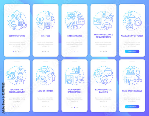 Choosing credit union and bank blue gradient onboarding mobile app screen set. Walkthrough 5 steps graphic instructions with linear concepts. UI, UX, GUI template. Myriad Pro-Bold, Regular fonts used