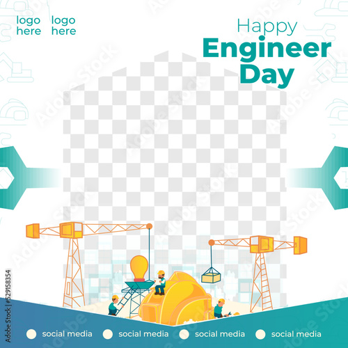 SOCIAL MEDIA POST GREETING CARD ENGINEER DAY DESIGN WITH TEAM WORK CHARACTER AND BUILDING 