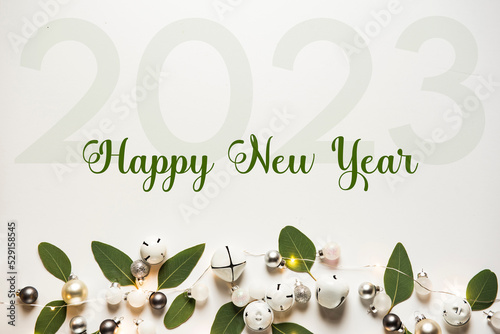Valokuvatapetti happy new year 2023, decoration new year balls and glitter