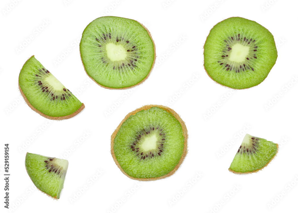 Fototapeta premium Kiwi fruit slices isolated on a white background, top view