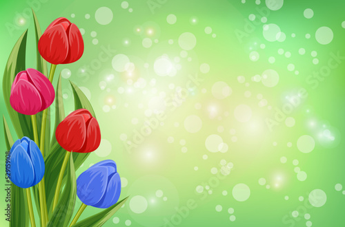 Spring banner with blooming tulip flower on blurred background vector illustration. Floral decorated design for holiday, love celebration concept with copy space, nature feast congratulation template