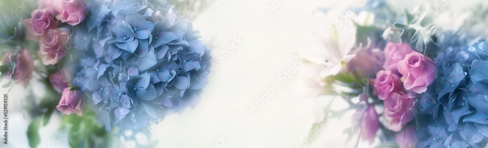 Close-up of a white alstroemeria flower with delicate small roses and blue hydrangea. Floral background for greeting cards. Soft focus. DOF. Close-up of a white alstroemeria flower with delicate small roses and blue hydrangea. Floral background for greeting cards. Soft focus. DOF.