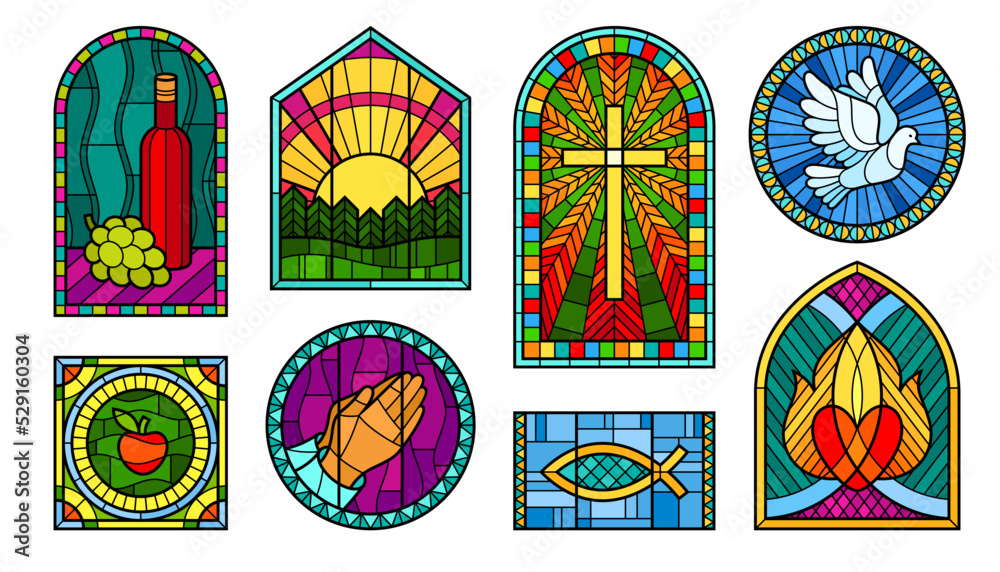 Stained glass church windows set outline vector artwork ornamental