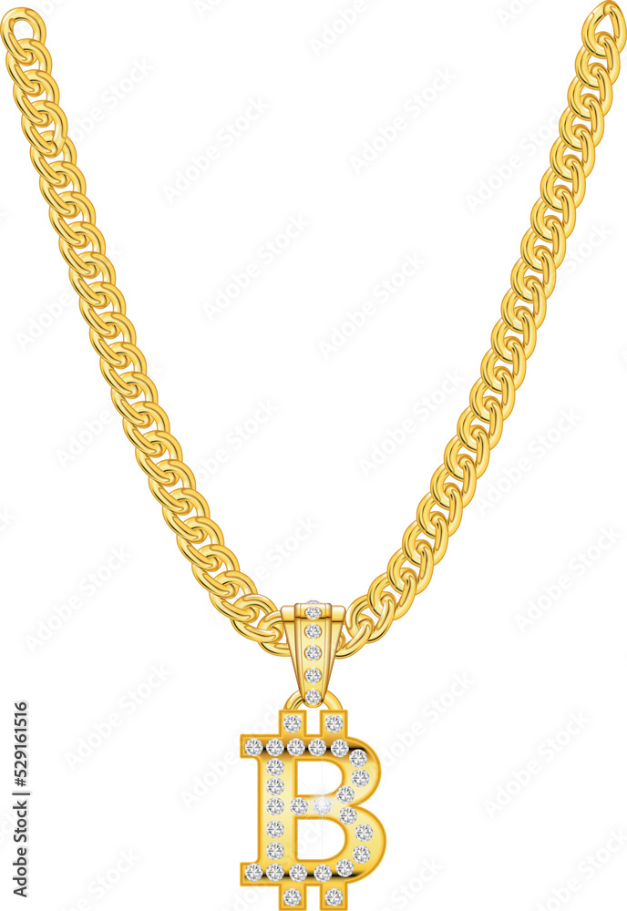 Goldene Kette mit einem Bitcoinsymbol aus Gold mit Diamanten besetzt Goldene Kette mit einem Bitcoinsymbol aus Gold mit Diamanten besetzt