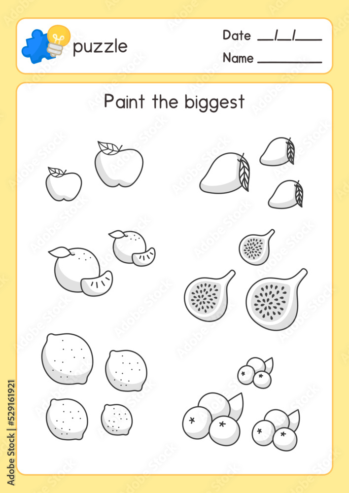 black and white coloring fruits outline about largest size in maths subject exercises sheet kawaii doodle vector cartoon