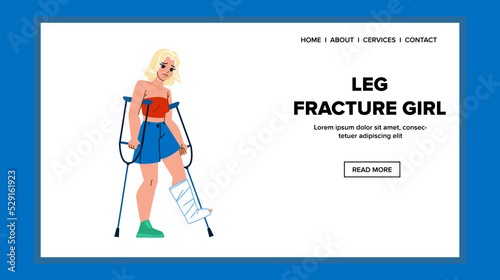 leg fracture woman vector. broken bone, person accident, foor cast leg fracture woman web flat cartoon illustration
