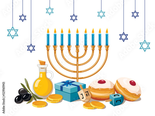 Greeting card or postcard template with traditional Hanukkah symbols  - menorah, sufganiyah doughnuts, olive branch, gift, gelt, dreidels. Vector illustration