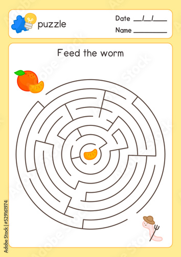 Feed the orange for worms maze game exercises sheet kawaii doodle vector cartoon