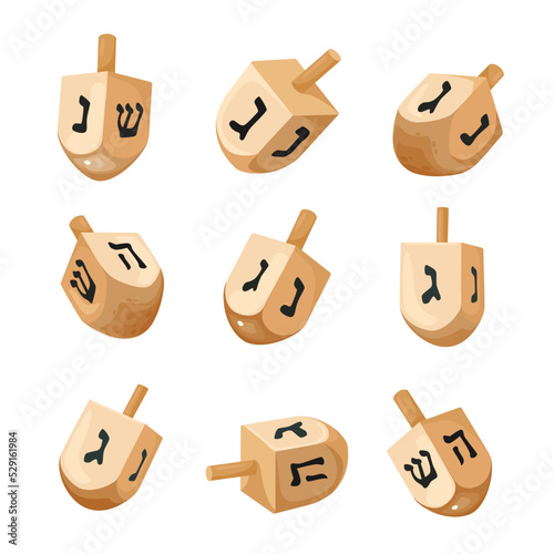 Set of Hanukkah dreidels icons. Vector illustration. Hanukkah dreidels with its letters of the Hebrew alphabet.