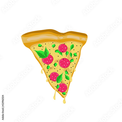 Slice triangle pizza with viscous cheeze, onion, black pepper, pepperoni and basil isolated on white background. Vector illustration