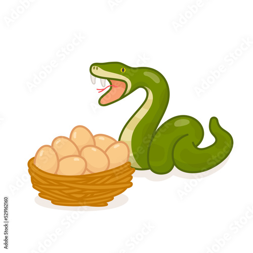 snake eat eggs in nest kawaii doodle flat cartoon vector illustration
