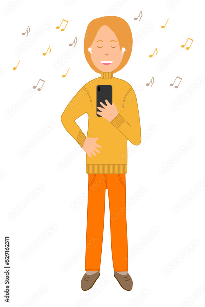 Happy smiling trendy girl in wireless headphones holds a smartphone in his hand and other hand on his belt and listens to music with pleasure. Modern lifestyle Happy smiling trendy girl in wireless headphones holds a smartphone in his hand and other hand on his belt and listens to music with pleasure. Modern lifestyle