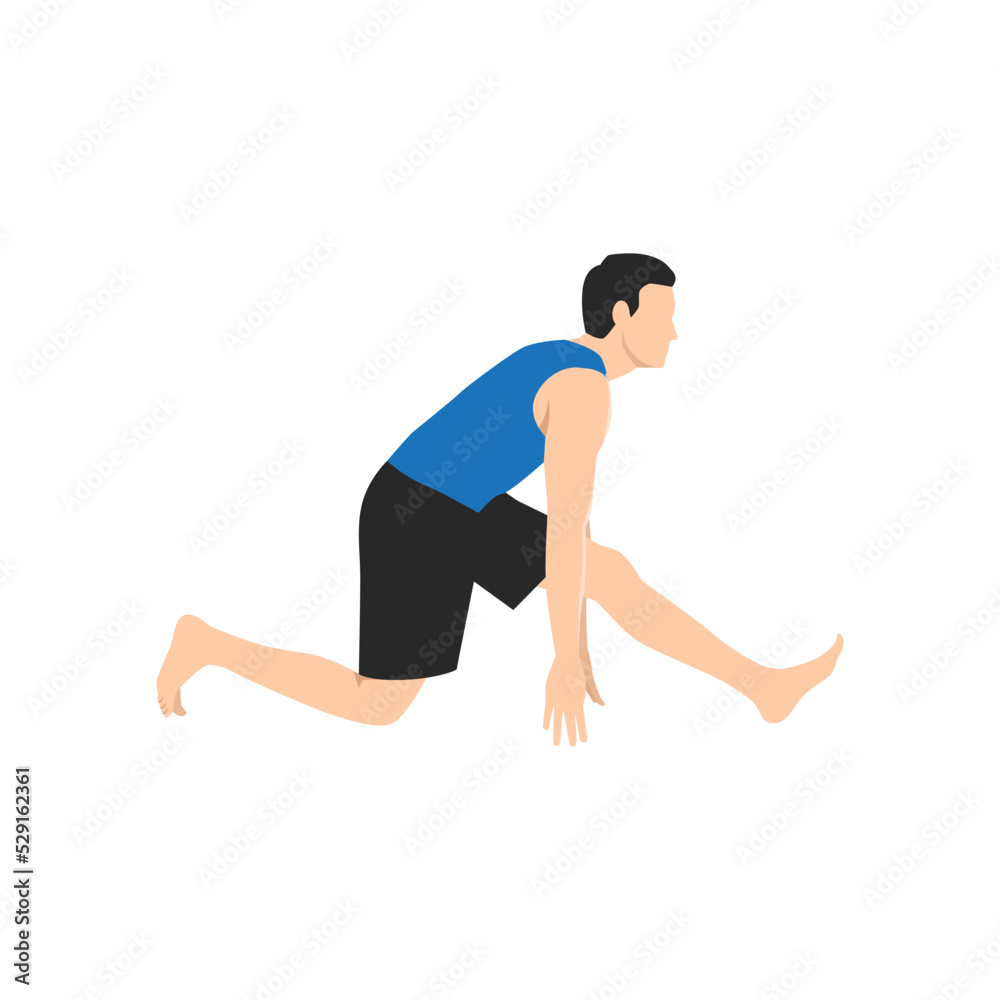 Man doing yoga asana Ardha Hanumanasana or Half Monkey Pose. Flat vector illustration isolated on white background