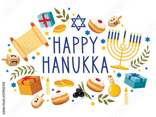 Greeting card or postcard template with Happy Hanukkah lettering and traditional holiday symbols  - menorah, sufganiyah doughnuts, olive branch, gift, gelt, dreidels. Vector illustration