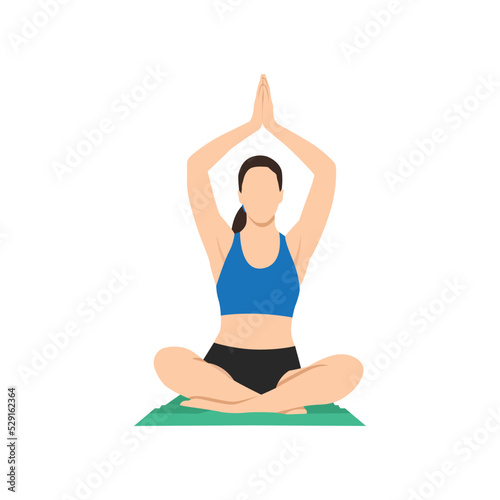 Woman doing Seated Mountain Pose in Auspicious Pose. Practice Parvatasana in Swastikasana. Flat vector illustration isolated on white background