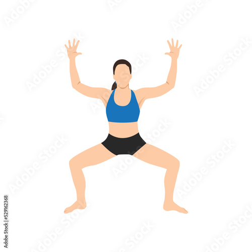 Woman doing Goddess Pose, Fierce Angle Pose, Victory Squat Pose, Practice Utkata Konasana. Flat vector illustration isolated on white background