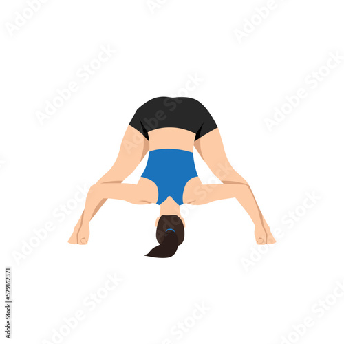 Woman doing intense Leg Stretch Pose D, Wide Legged Forward Fold Pose D, Standing Straddle Forward Bend D, Wide Angle Forward Fold D.Prasarita Padottanasana. Flat vector illustration